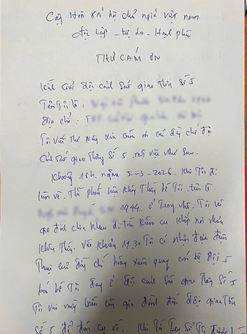 Anh P, con trai cụ D viết thư cảm ơn CSGT.