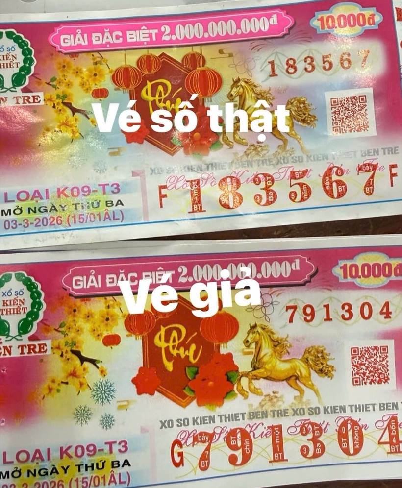 Ảnh minh họa vé số thật và vé số giả. Ảnh: Công an tỉnh Tây Ninh.