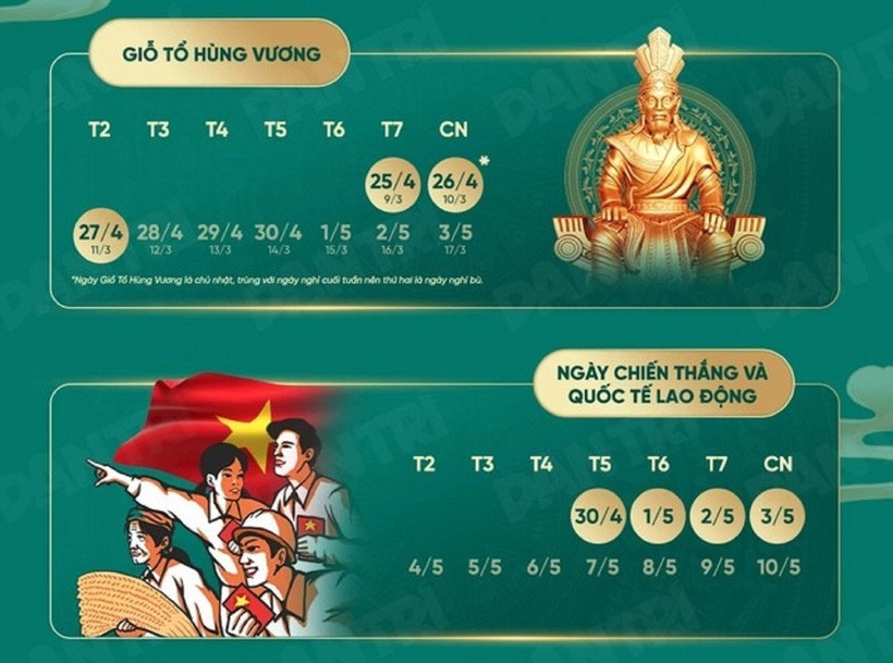 Chi tiết lịch nghỉ lễ Giỗ Tổ Hùng Vương, ngày Quốc tế lao động năm 2026.