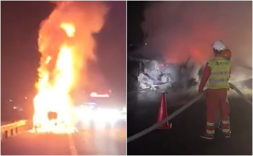 Chiếc xe container bốc cháy dữ dội. (Ảnh: Tuổi trẻ)