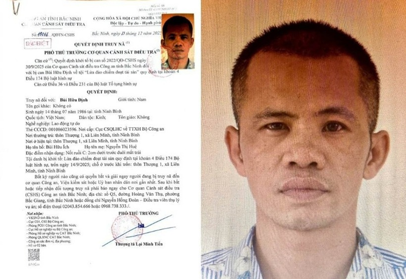 Quyết định truy nã đối với Bùi Hữu Định. Ảnh: Công an Bắc Ninh