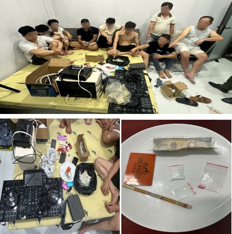 Các đối tượng sử dụng ma túy và tang vật, phương tiện thu giữ được tại hiện trường. (Ảnh: Công an tỉnh Lâm Đồng)