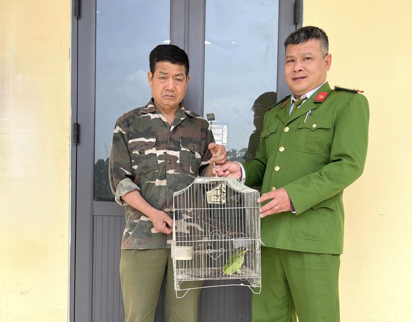 Người dân tự nguyện giao nộp cá thể chim cu rốc. (Ảnh: Công an tỉnh Thái Nguyên)