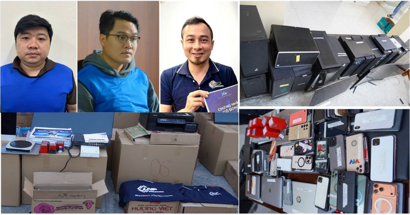 Các đối tượng Nguyễn Băng Thảo, Nguyễn Duy Thịnh, Hà Tuấn Dũng (từ trái qua phải) và tang vật liên quan đến chuyên án. (Ảnh: Công an Thanh Hóa)