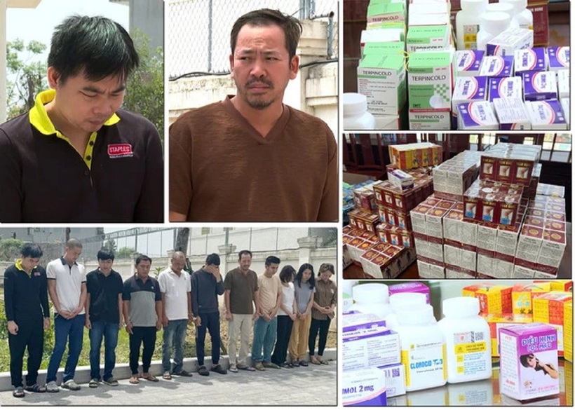 Các đối tượng trong đường dây sản xuất, buôn bán thuốc tân dược giả bị bắt giữ năm 2025 cùng tang vật. Ảnh:SKĐS
