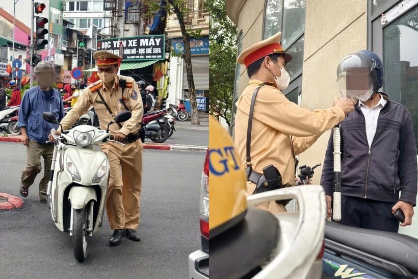 Lực lượng chức năng kiểm soát, xử lý vi phạm nồng độ cồn trên tuyến Bạch Mai - Thanh Nhàn - Tạ Quang Bửu.