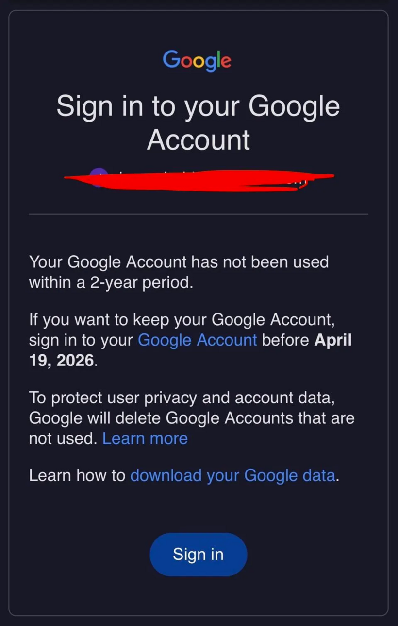 Thông báo cảnh báo tài khoản không hoạt động từ Google.