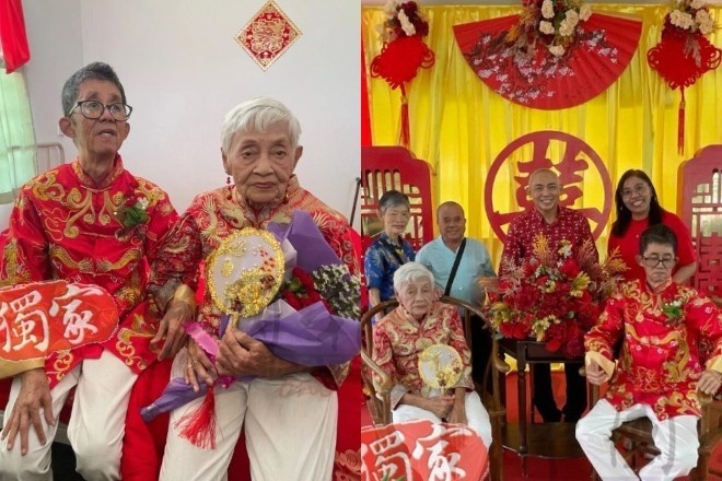 Cụ bà 91 tuổi kết hôn với cụ ông 67 tuổi sau 3 tháng hẹn hò tại viện dưỡng lão. Ảnh: Mothership.