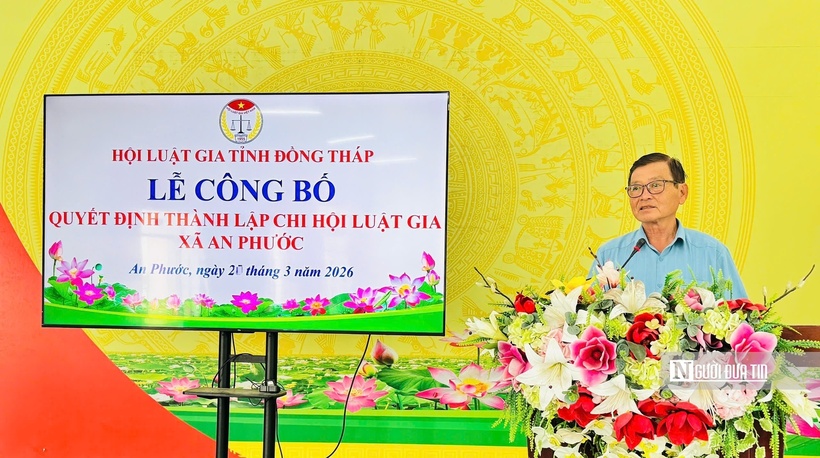Luật gia Đoàn Quốc Cường - Chủ tịch Hội Luật gia Đồng Tháp phát biểu tại buổi lễ.