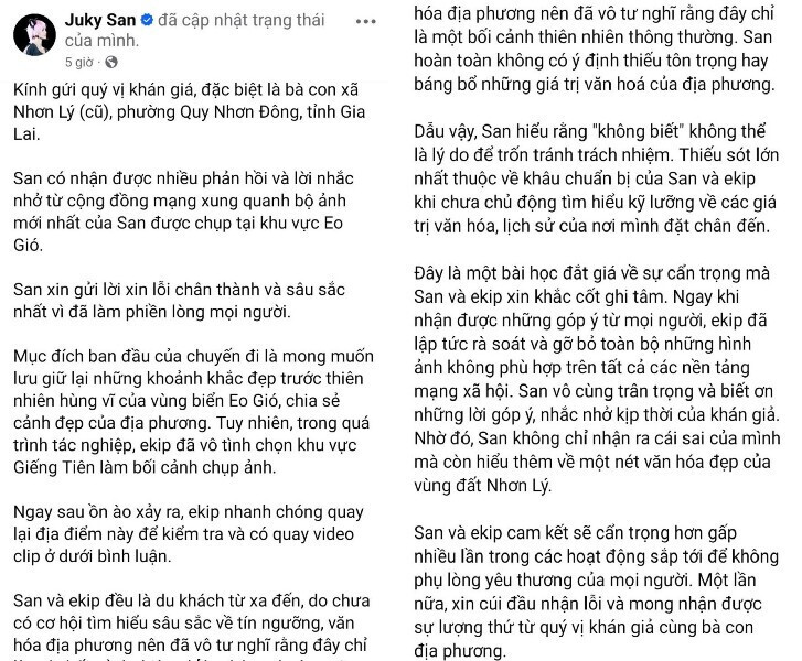 Ngay sau khi bị dư luận chỉ trích, Juky San đã đăng đàn xin lỗi quý vị khán giả và người dân địa phương vì sự cố ngoài ý muốn. Ảnh: FBNV