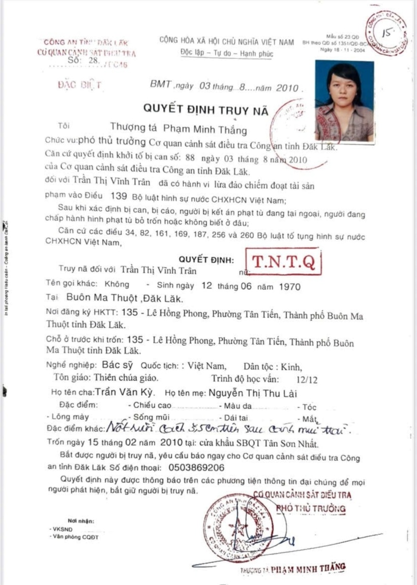 Quyết định truy nã đặc biệt bị can Trần Thị Vĩnh Trân. (Ảnh: Công an tỉnh Đắk Lắk)