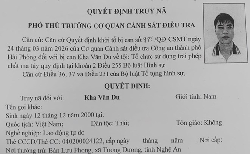 Quyết định truy nã Kha Văn Du. (Ảnh: Công an Hải Phòng)