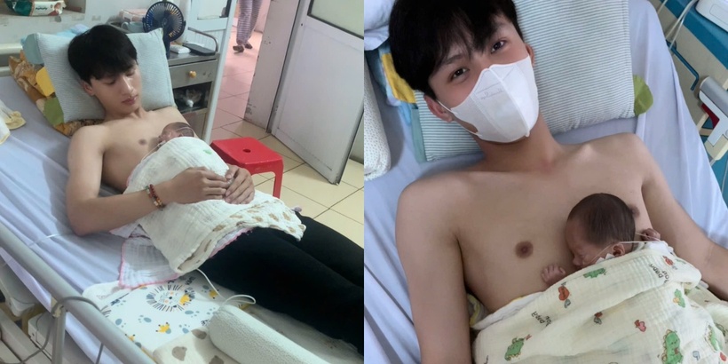 Hình ảnh chàng sinh viên 18 tuổi tình nguyện "ấp" trẻ sơ sinh khiến nhiều người lay động. Ảnh: NVCC