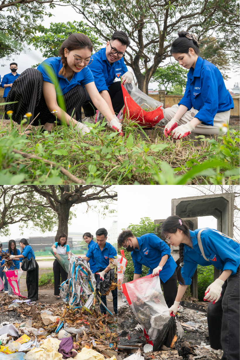 Sinh viên trường Đại học Tài nguyên & Môi trường và đoàn viên địa phương chung tay làm sạch đường làng, ngõ xóm tại điểm cầu lễ ra quân ở Phường Phú Diễn, Hà Nội.