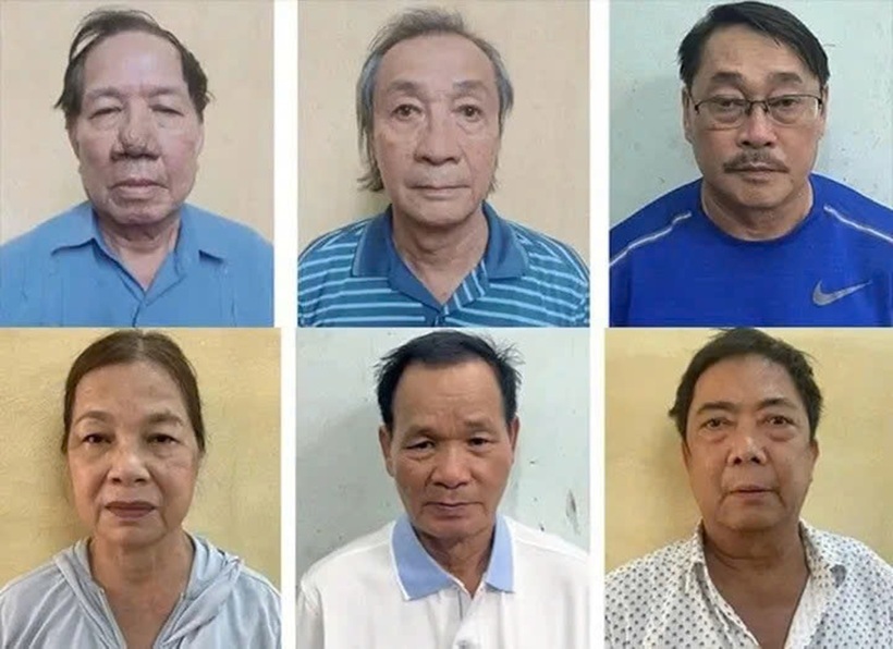 Các bị cáo (từ trái sang) Lê Quang Thung, Huỳnh Trung Trực, Phạm Văn Thành Nguyễn Thị Gái, Nguyễn Công Tài, Nguyễn Trọng Cảnh - Ảnh: Bộ Công an.