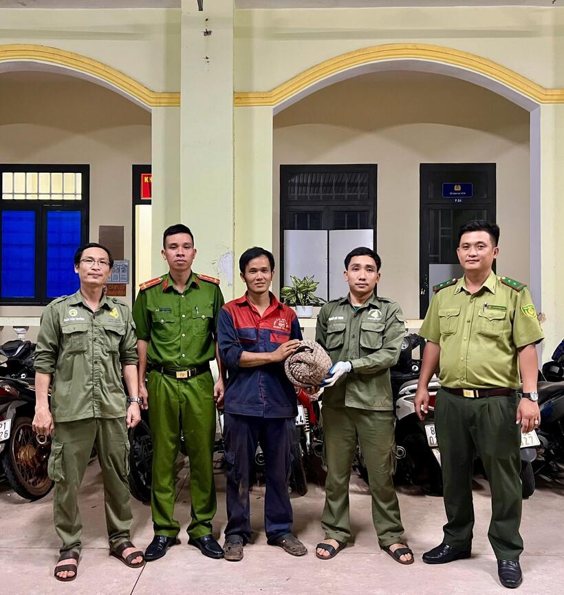 Anh Phạm Viết Đồng bàn giao cá thể Tê tê cho cơ quan chức năng