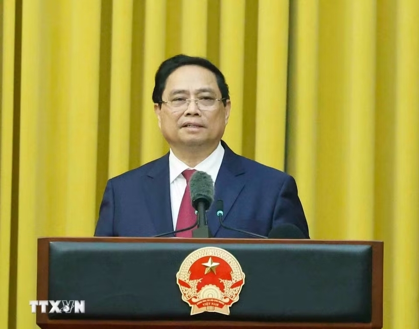Đồng chí Phạm Minh Chính, nguyên Ủy viên Bộ Chính trị, nguyên Thủ tướng Chính phủ nhiệm kỳ 2021 - 2026 phát biểu (Ảnh: TTXVN).
