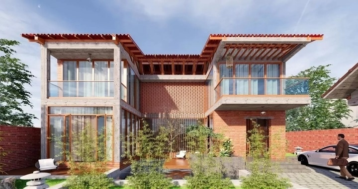 Mẫu nhà mặt tiền 12m, sâu 6m được thiết kế đơn giản với tông màu gạch đỏ nổi bật, nhiều ô cửa kính lấy sáng tối đa. (Ảnh: Vinavic)