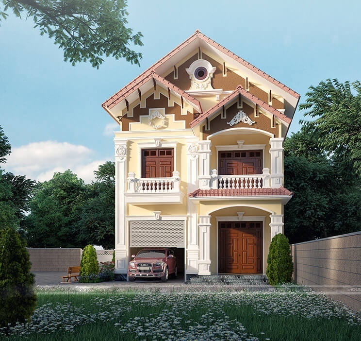 Mẫu biệt thự tân cổ điển 2 tầng có chi phí khoảng 1 tỷ đồng (chưa kể nội thất, thiết bị) với mái Thái màu đỏ giật cấp, nổi bật trên nền sơn trắng và vàng nhạt. Biệt thự có gara bên cạnh thông với phòng khách và bếp. Phía trước là sân vườn rộng nhiều ánh sáng. Thiết kế nhiều khung cửa rộng đón gió mát mẻ.