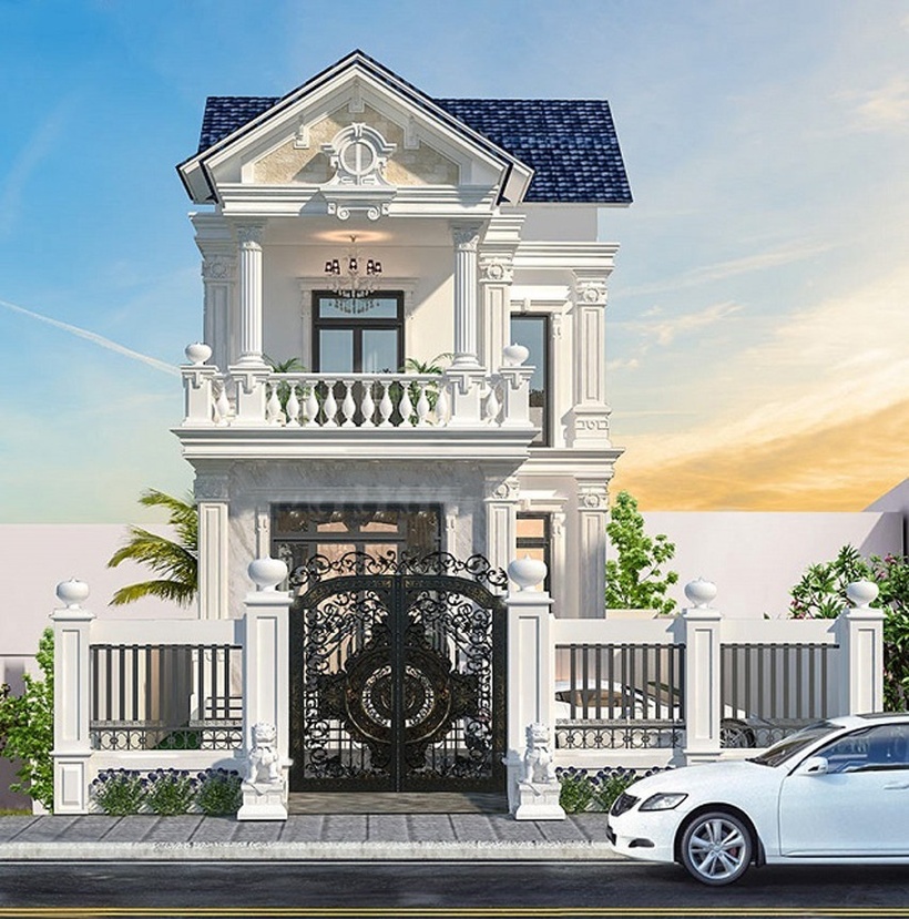 Biệt thự tân cổ điển 2 tầng thiết kế theo phong cách Pháp, đường phào chỉ, cột, gờ trang trí lấy ý tưởng từ những cung điện hoàng gia xưa.