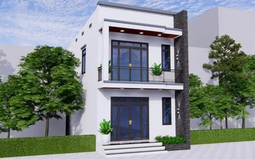 Mẫu nhà 2 tầng 4 phòng ngủ dưới 50m² có ban công rộng.