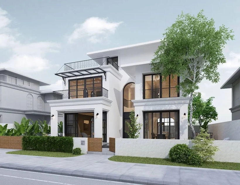 Mẫu nhà 2 tầng 4 phòng ngủ 80m² có thiết kế đón được nhiều ánh sáng tự nhiên.