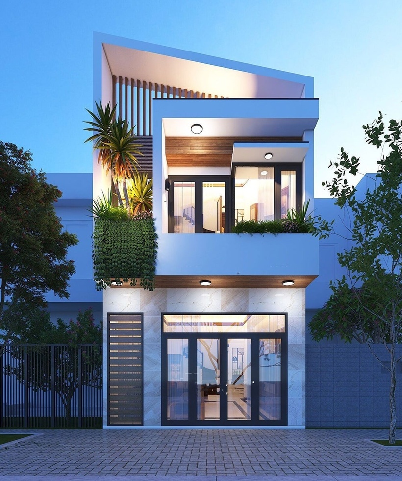 Nhà 2 tầng mái lệch tạo nên sự nổi bật.