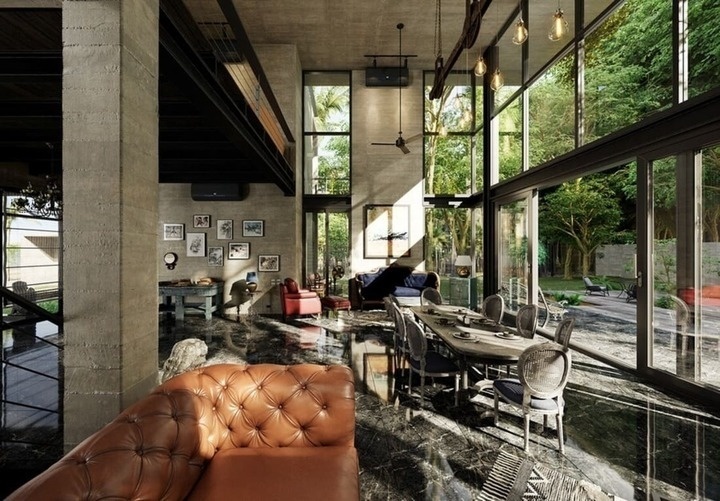 Mẫu biệt thự thông tầng với không gian mở, hòa quyện vào thiên thiên, nhiều ô cửa kính tận dụng lấy sáng tối đa. (Ảnh: ehome)