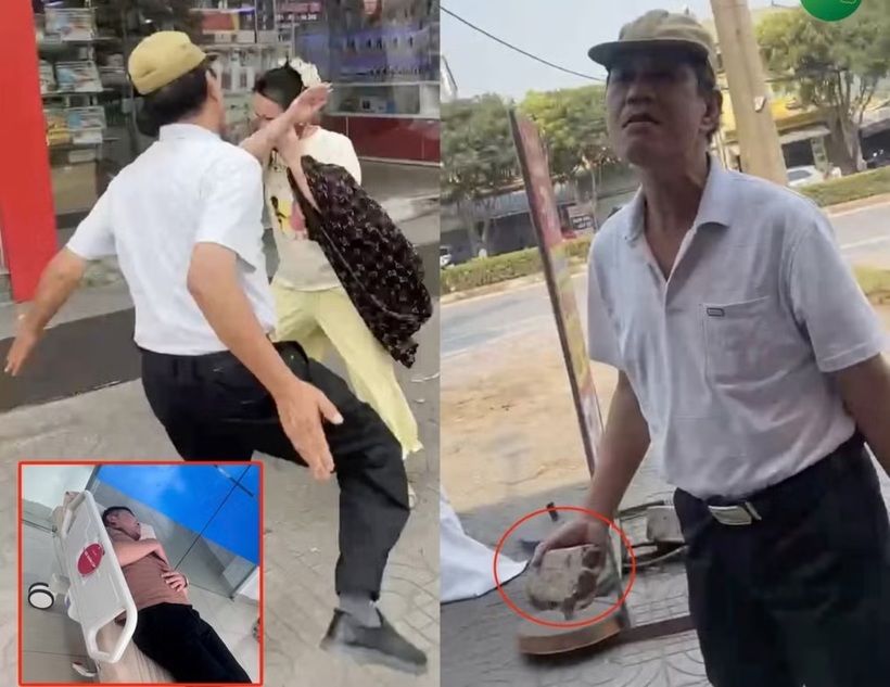 Tài xế chạy tới khu vực gốc cây gần đó nhặt hai viên gạch rồi quay lại tấn công 2 vợ chồng hành khách. Ảnh: Báo Tiền phong.