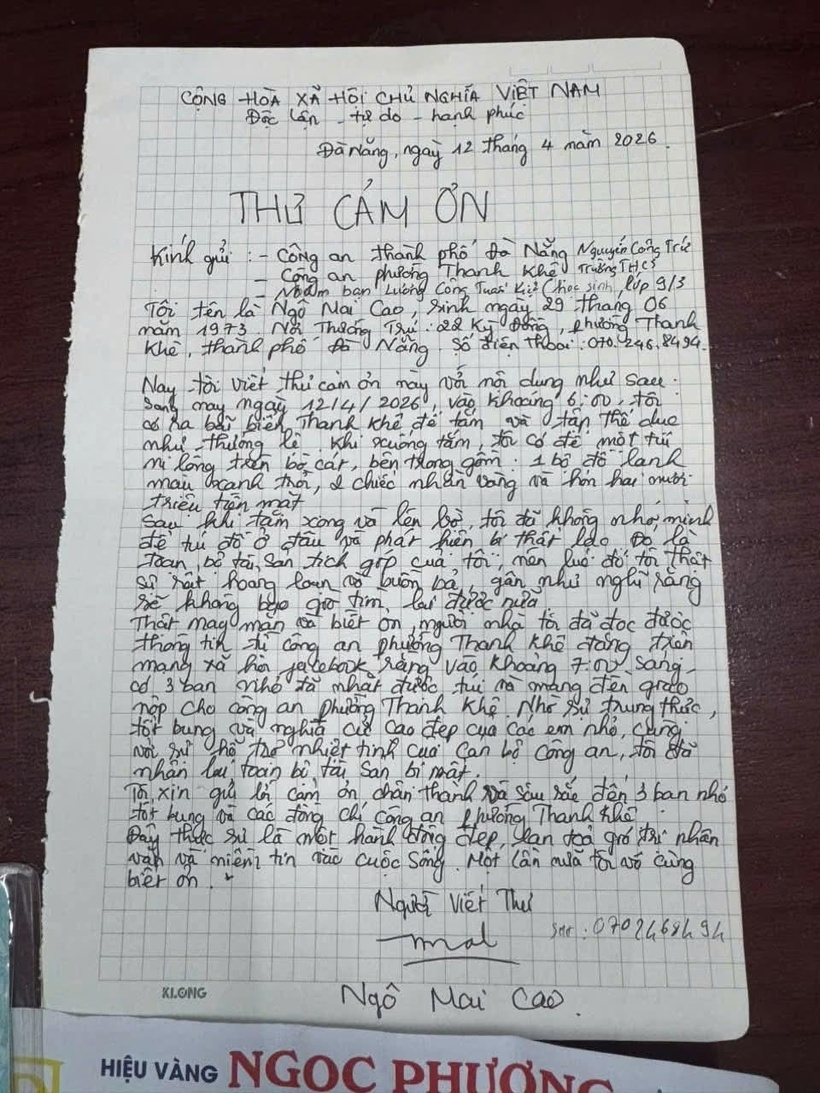 Lá thư cảm ơn của công dân Ngô Mai Cao gửi Công an TP.Đà Nẵng, Công an phường Thanh Khê và 3 em học sinh. Ảnh: Công an TP.Đà Nẵng