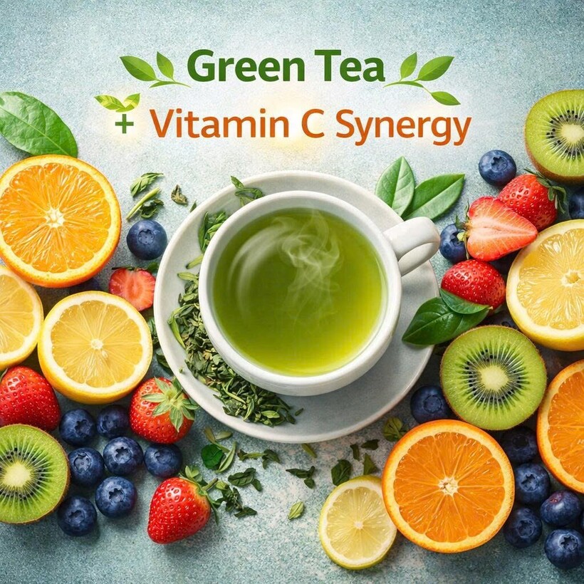 Trà xanh kết hợp với thực phẩm giàu Vitamin giúp cơ thể cân bằng chất dinh dưỡng và tăng cường sức đề kháng