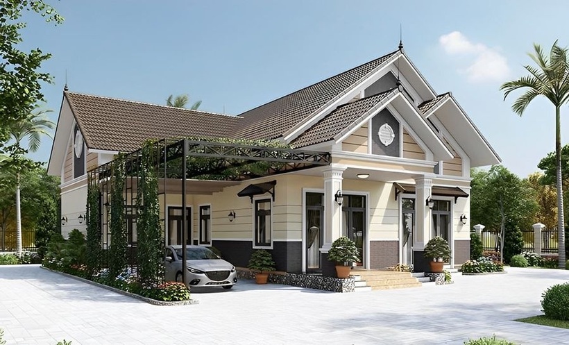 Mẫu biệt thự vườn 1 tầng ghi điểm ấn tượng với hệ mái thái lợp ngói tone nâu nền nã.