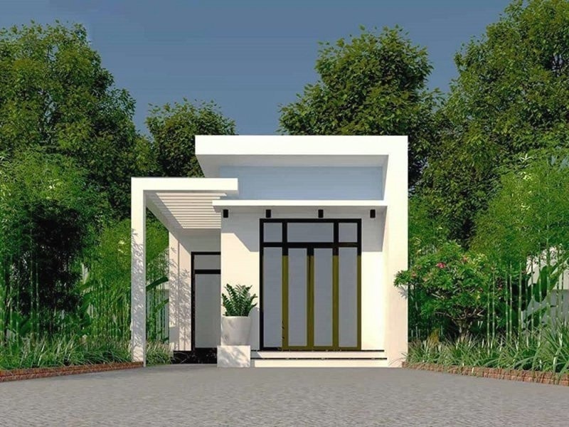 Mẫu nhà ống chữ L công năng sử dụng 2 phòng được thiết kế sang trọng. Mặt tiền của ngôi nhà không có nhiều họa tiết, trang trí độc đáo và bắt mắt nhưng chính cách phối màu đã gia tăng vẻ đẹp sang trọng. Bậc tam cấp và sảnh trước được ốp đá đen bóng loáng.