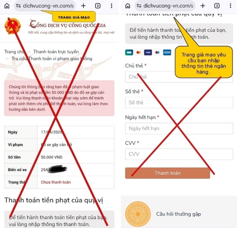 Trang web giả mạo Cổng Dịch vụ dịch vụ công Quốc gia. Ảnh: Công an TP Hà Nội.