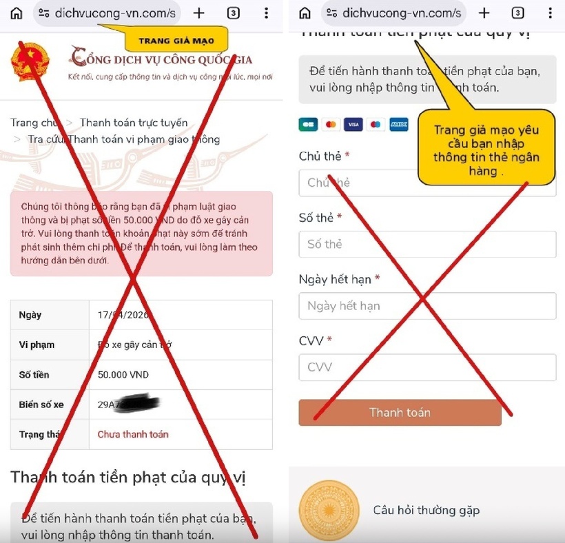 Cảnh báo chiêu lừa "phạt nguội 50.000 VND" qua website giả dịch vụ công. Ảnh: Người lao động