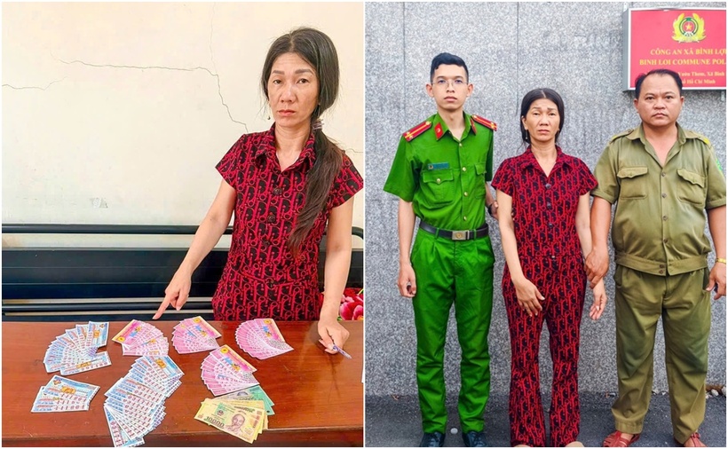 Thái Thị Đèo cùng tang vật là vé số giật được. (Ảnh: Công an)