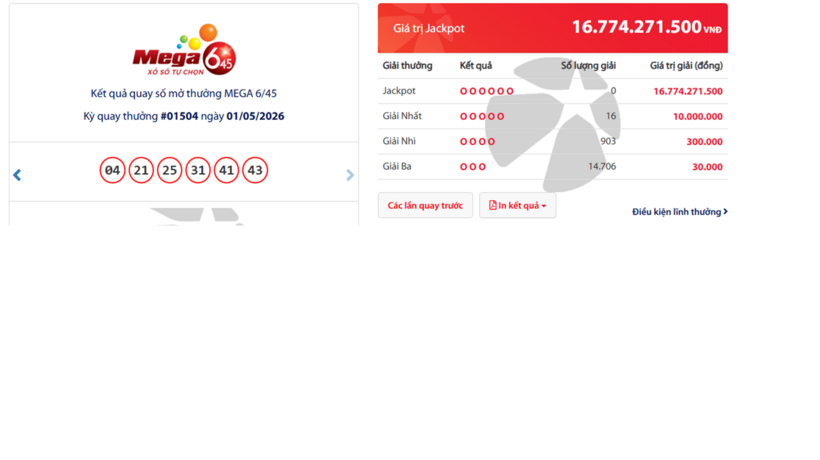 Kết quả xổ số Vietlott Mega 6/45 kỳ quay trước đó 1/5/2026