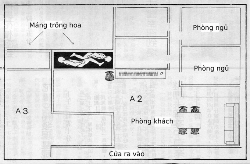 Sơ đồ căn hộ A2, tầng 26, tòa nhà Elizabeth House và nơi phát hiện thi thể. Ảnh: Toutiao