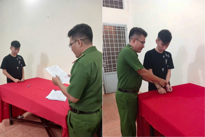 Công an phường Phú Lợi (TP Cần Thơ) tống đạt Quyết định khởi tố bị can và thi hành lệnh tạm giam đối với Triệu Minh Hào. Ảnh: Công an Cần Thơ