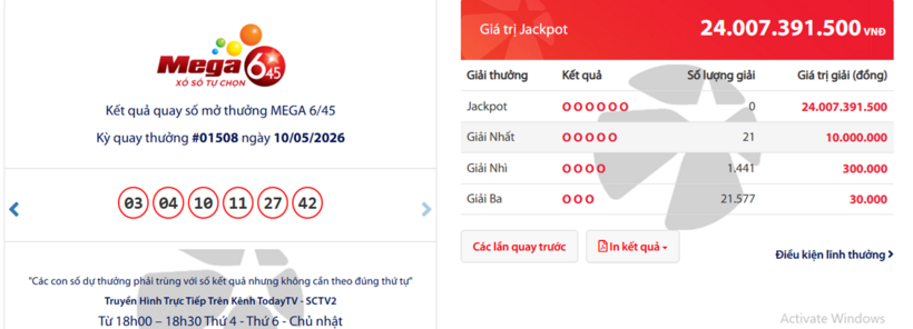 Vietlott 13/5- Kết quả xổ số Vietlott ngày 13/5/2026 - Kết quả xổ số Mega 6/45 - 1