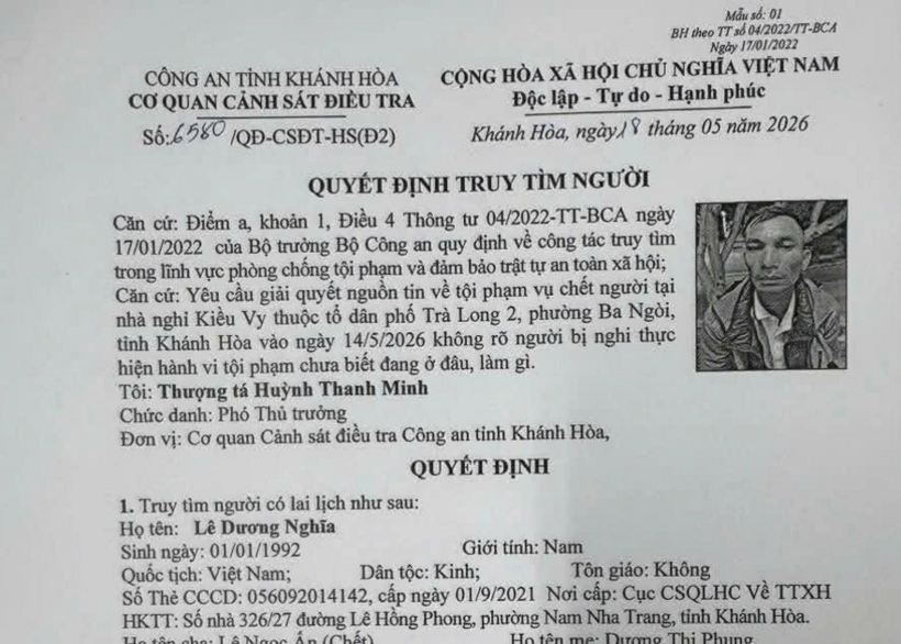 Quyết định truy tìm Lê Dương Nghĩa của Cơ quan Cảnh sát điều tra Công an tỉnh Khánh Hòa. Ảnh: Báo Khánh Hòa