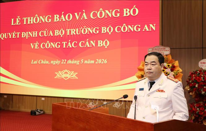 Đại tá Bùi Quyết Toán, tân Giám đốc Công an tỉnh Lai Châu phát biểu nhận nhiệm vụ.