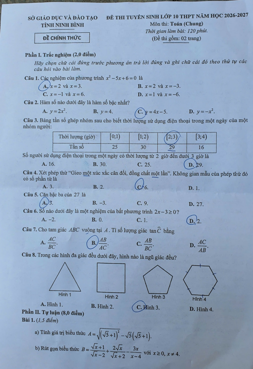 Đề thi, đáp án gợi ý môn Toán vào lớp 10 tỉnh Ninh Bình năm 2026 - 1