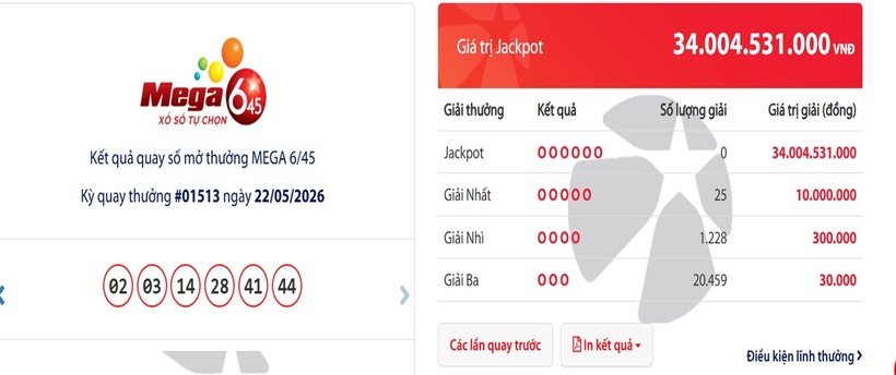Vietlott 24/5- Kết quả xổ số Vietlott ngày 24/5/2026 - Kết quả xổ số Mega 6/45 - 1