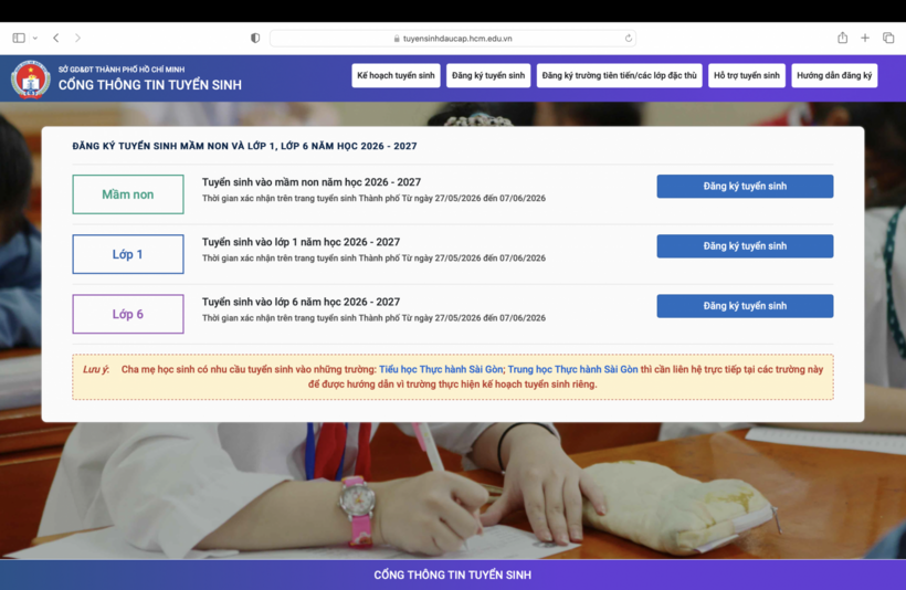 Cổng đăng ký tuyển sinh đầu cấp tại TP HCM.