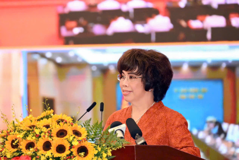 Anh hùng Lao động Thái Hương phát biểu tại Lễ phát động Phong trào thi đua "Quyết tâm thực hiện thắng lợi mục tiêu tăng trưởng bền vững "2 con số" giai đoạn 2026-2030 tại TP.HCM ngày 13/6/2026. Ảnh:  VGP/Phương Nguyên