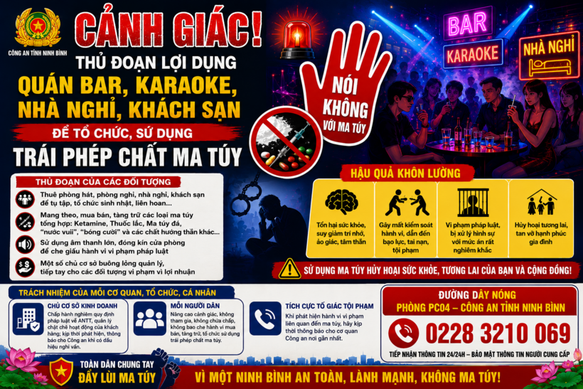 Cảnh giác với thủ đoạn lợi dụng quán bar, karaoke, nhà nghỉ để tổ chức sử dụng trái phép chất ma túy. (Ảnh: Công an tỉnh Ninh Bình)