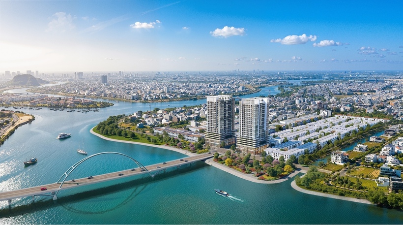 Phối cảnh tháp đôi S-Light Tower tại trung tâm Nam Đà Nẵng soi bóng sông Hàn. Ảnh: Sun Property.