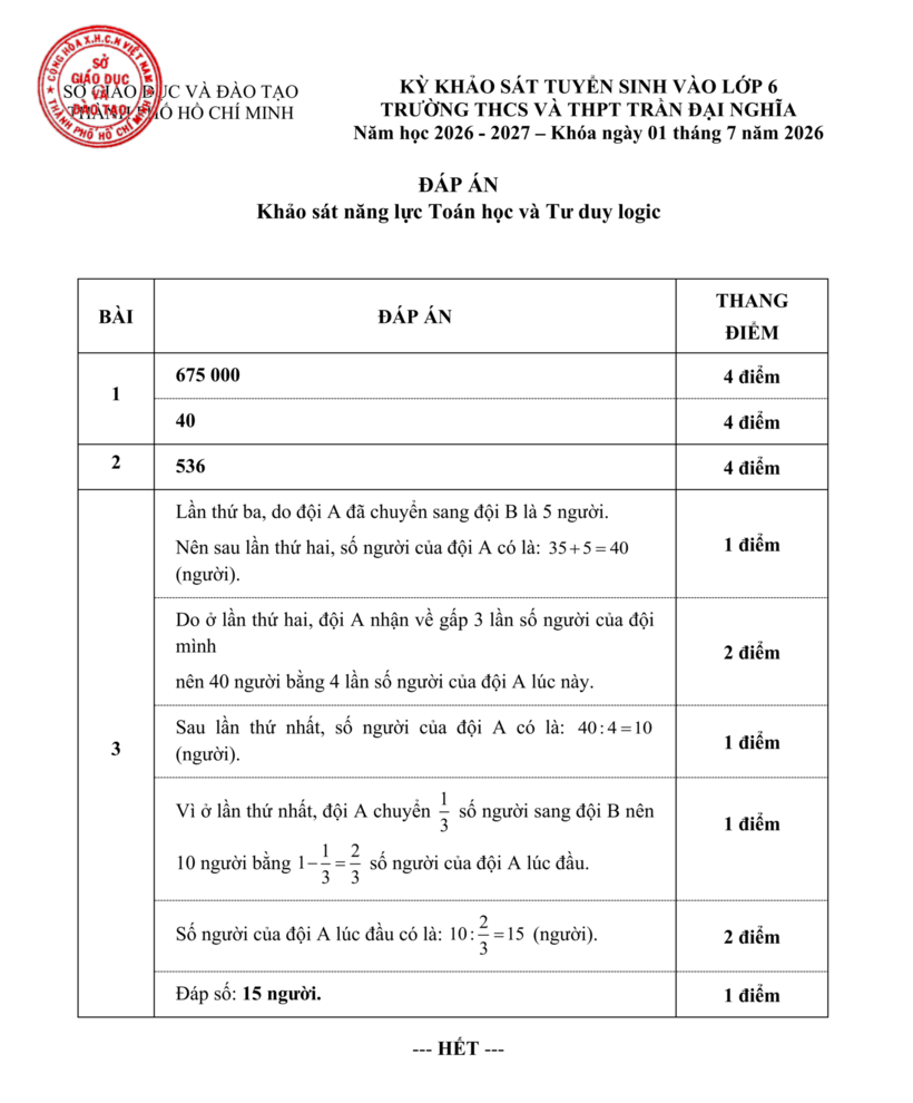Đáp án khảo sát năng lực toán học và tư duy logic