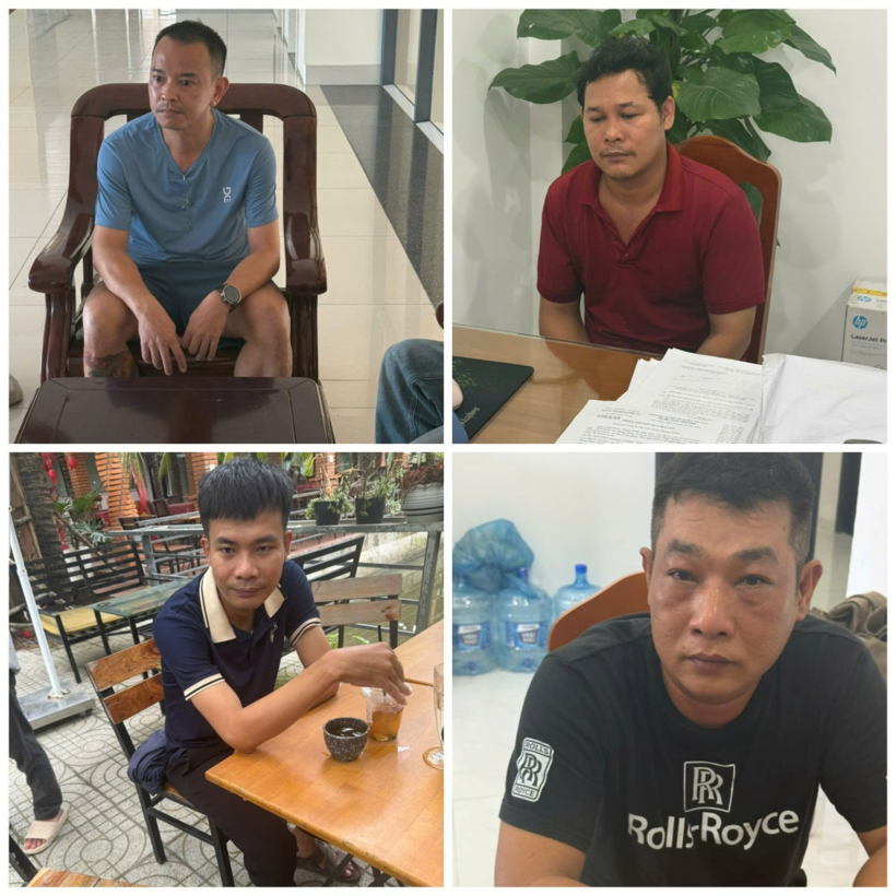 Các đối tượng Nguyễn Trọng Nghĩa, Đào Thành Trung, Trần Trung Thắng và Bùi Vinh Quang. Ảnh: Công an Lâm Đồng